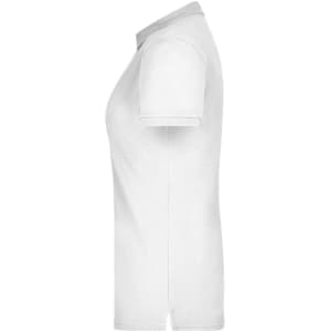 A white ladies' polo shirt in a side view, featuring short sleeves and a collar. The shirt has a subtle logo.
