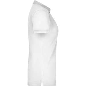 A white ladies polo shirt with a pique texture and short sleeves. It features a collar and has a branding logo.