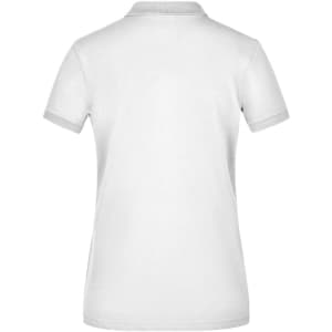 A women's white polo shirt with a grey collar, featuring a logo at the back. Short sleeves and a classic design.