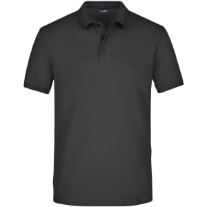 A black men's elastic polo pique shirt with a classic collar and a logo on the left chest.