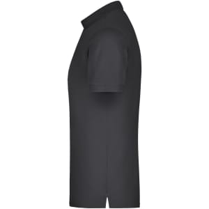 A black men's elastic polo shirt with a classic collar and short sleeves, featuring a logo.