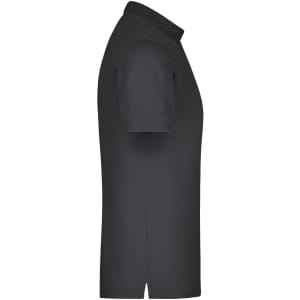 A men's elastic polo pique shirt in a solid black colour, featuring a side view and a collar. It has a logo on the chest.