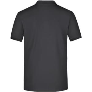 A black men's elastic polo shirt with a classic fit and a collar. The back view highlights its simple design.