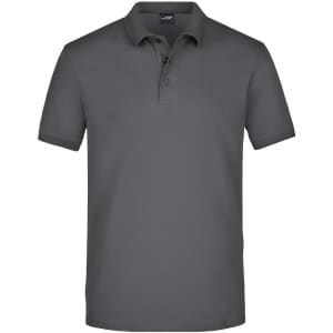 A dark grey men's elastic polo shirt with a classic collar and short sleeves, featuring a logo on the chest.