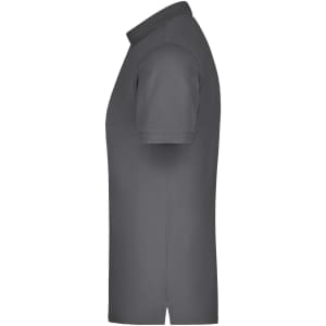 A grey men's elastic polo shirt displayed from the side, featuring a collar and short sleeves. It has a logo on it.