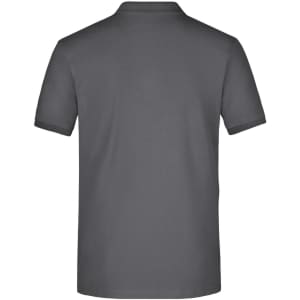 A grey men's elastic polo pique shirt, featuring a classic design and a logo. The image displays the back view.