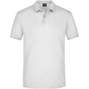 A men's elastic polo pique in light grey with a collar and three buttons, featuring a logo.