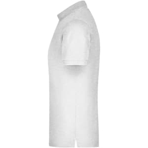A men's elastic polo shirt in light grey with a side view showcasing its short sleeves and collar.
