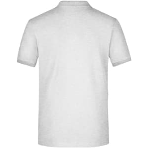A white men's elastic polo shirt with a classic pique texture and short sleeves, featuring a logo.