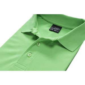 A green men's polo shirt with a collar and buttons, featuring a tag on the inside.