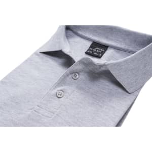 A grey men's elastic polo pique shirt displayed with a folded collar and buttons, featuring a tag and a logo.