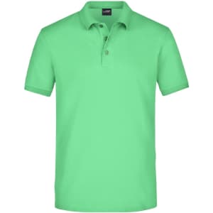 A green men's elastic polo shirt with a classic collar and three-button placket. It features a logo on the chest.