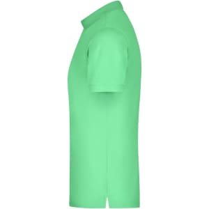 A green men's polo shirt with a classic collar and short sleeves, featuring a logo.