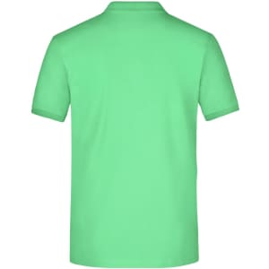 A mint green men's polo shirt featuring a classic pique fabric and a logo on the back.