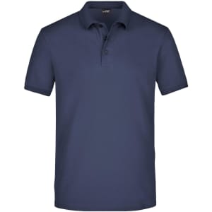 A navy men's elastic polo pique shirt featuring a classic collar and three-button placket, with a logo present.