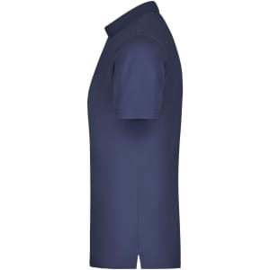 A navy blue men's elastic polo shirt with a classic collar and short sleeves. It features a logo on the chest.
