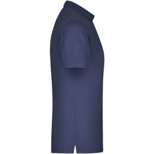 A mens elastic polo pique shirt in navy blue, featuring a logo, displayed in a side view.