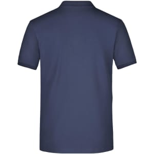 A men's elastic polo pique shirt in navy blue, featuring a simple design and a branding logo on the back.