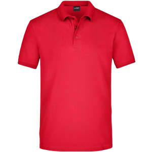 A red men's polo shirt with a collared neck and a logo on the chest.