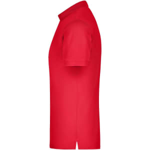 A red men's polo shirt from the side, featuring short sleeves and a collar, with a logo on the chest.