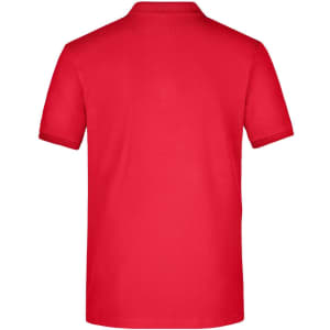 A red men's elastic polo shirt with a plain back and a collar, featuring a logo on the neck area.