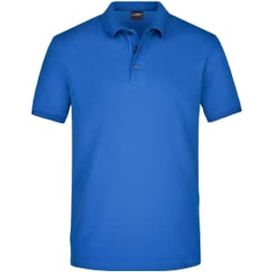 A blue men's polo shirt featuring a classic design and a logo on the chest.