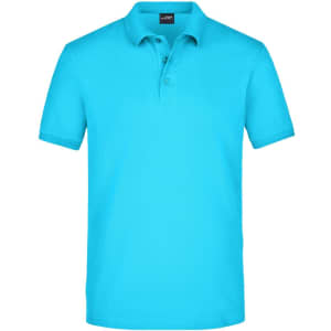 A turquoise men's polo shirt made of elastic pique fabric. It features a standard collar and three buttons, with a logo.