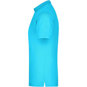 A bright turquoise men's polo shirt with short sleeves, featuring a collar and side view for detail.