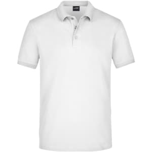 A white men's elastic polo pique shirt with a collar and three-button placket. Features a logo on the chest.