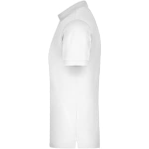 A white men's elastic polo shirt in a side view, featuring a collar and short sleeves, with a logo on the chest.
