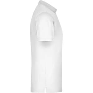 A white men's elastic polo pique shirt is displayed from the side, featuring a classic collar and short sleeves.