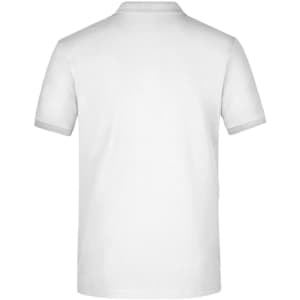 A white men's polo shirt with short sleeves and a contrasting collar. It features a logo on the front.