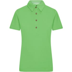 A green ladies polo shirt with a collared neckline and button detailing, featuring a checkered inner collar.