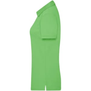 A side view of a green women's traditional polo shirt, featuring a collar and short sleeves. It has a logo.