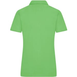 A green ladies' polo shirt featuring a classic design and a collar, with a logo on the back.