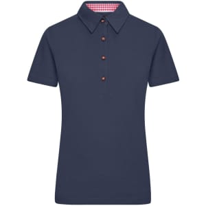 A navy blue polo shirt with a collared neck and buttons, featuring a checkered pattern inside the collar.