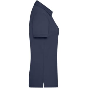 A navy blue ladies' traditional polo shirt with a classic collar and short sleeves, featuring a logo.