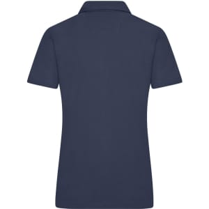 A navy blue women's polo shirt with a collared neckline and short sleeves, featuring a logo.