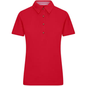 A red ladies' polo shirt with a collared neckline and button placket, featuring a checkered inner collar.