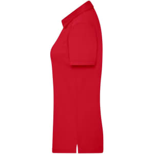 A red ladies traditional polo shirt displayed from the side, featuring a collar and short sleeves. It has a logo.