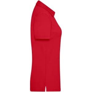 A red ladies' traditional polo shirt with short sleeves and a collar, featuring a branding logo.