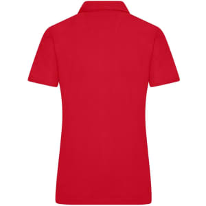 A red ladies' traditional polo shirt featuring a classic design and a logo on the back.