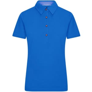A blue ladies' polo shirt featuring a buttoned placket and a collar with a checkered design. It has a logo.