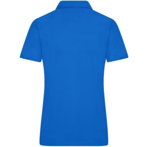 A plain blue ladies' polo shirt featuring a collar and short sleeves, with branding on the back.