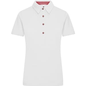 A white ladies' polo shirt featuring a checked pattern under the collar and buttons down the front; includes a logo.