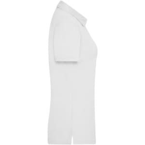 A white ladies traditional polo shirt with a classic collar and short sleeves, featuring a logo.