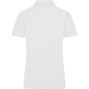 A white polo shirt with short sleeves and a collar, featuring a logo on the front.