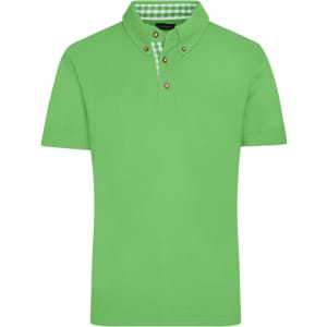 A green polo shirt featuring a collared neck and a checkered inner lining. It has a logo on the chest.