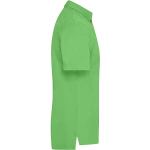 A men's traditional polo shirt in bright green, featuring a collar and short sleeves, with a logo on the chest.