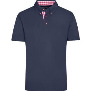 A navy blue men's traditional polo shirt with a checkered inner collar and decorative buttons.
